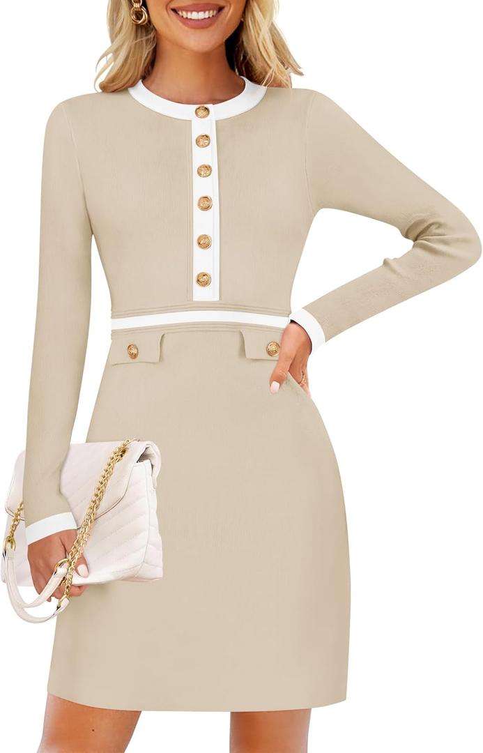 ZESICA Women's Fall Long Sleeve Bodycon Sweater Dress Crewneck Button Knit Color Block Party Mini Dresses (Beige, S)