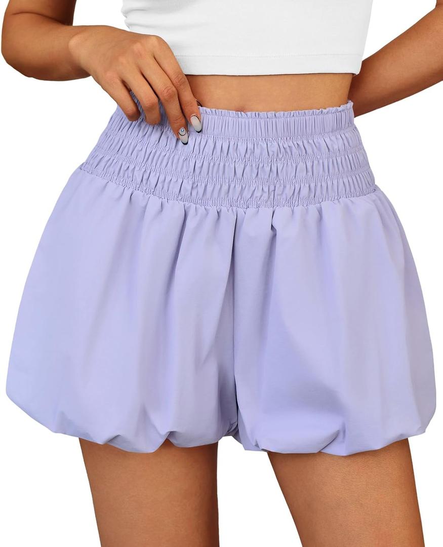 2 x Fisoew Womens High Waisted Bubble Shorts Smocked Elastic Going Out Cute Skorts with Pockets (Purple)