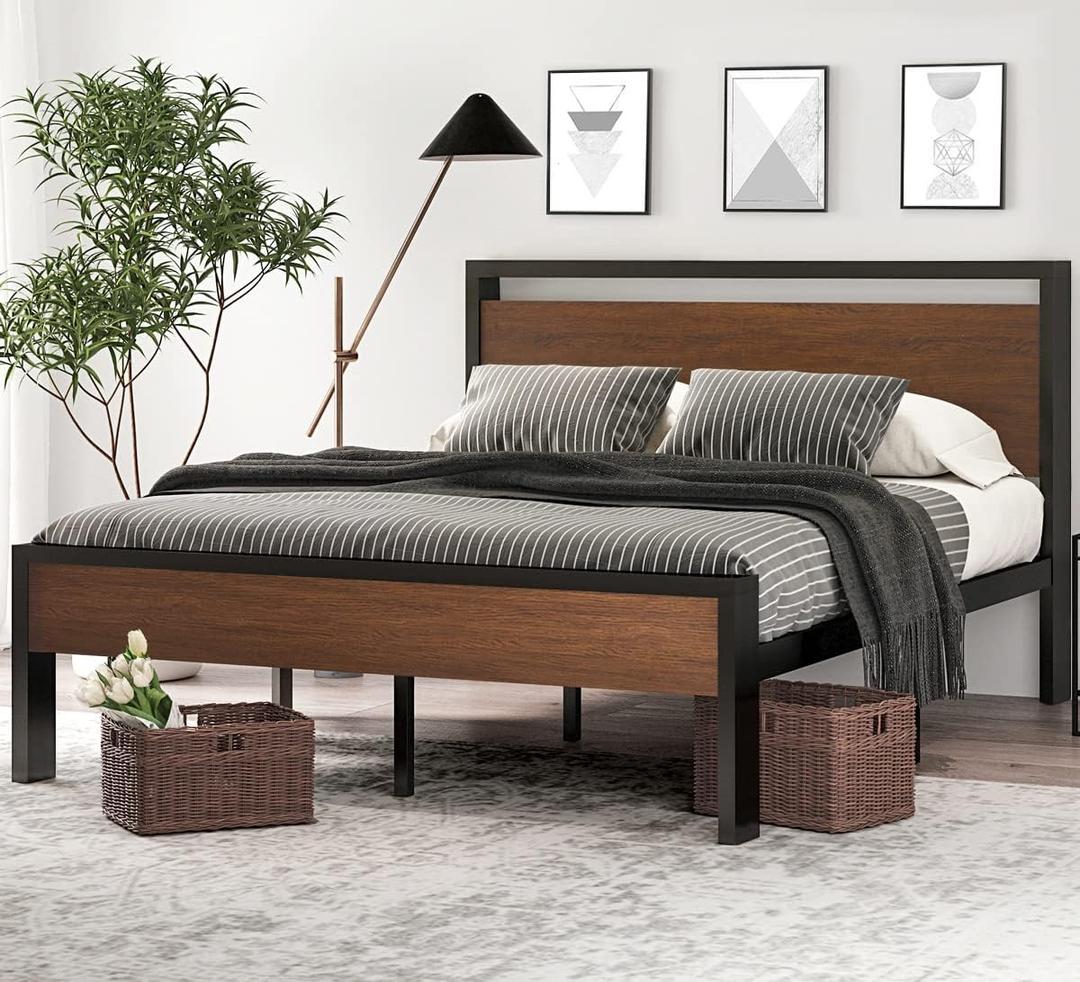 14 Inch Queen Size Metal Platform Bed Frame with Wooden Headboard and Footboard, Mattress Foundation, No Box Spring Needed, Large Under Bed Storage, Non-Slip Without Noise, Walnut