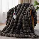 Anysay Heated Blanket Throw with 1/2/4/6/8 Hours Auto-Off 10 Heat Level, 62'' * 84'' Cozy Faux Rabbit Fur Bubble Electric Blanket with Overheat Protection(Tie-Dye Dark Grey)