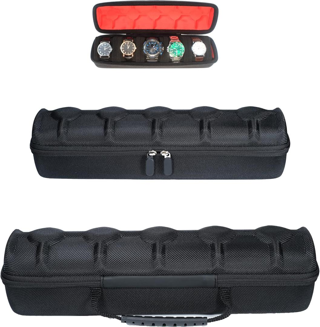 5 Slots Watch travel case, men's watch storage box organizer, watch case holder with flexible foam inserts fit up to 60 mm watch