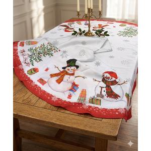 Christmas Tablecloth 60x84 Inch Round, Winter Snowman Trees White Washable Seasonal Table Cover for Party Picnic Dinner Decor