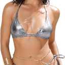 SHENHE Women's Metallic String Thong Bikini Set Triangle Halter 2 Piece Brazilian Swimsuit,XS