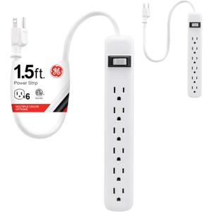GE 6-Outlet Power Strip, 2 Pack, 1.5 Ft Extension Cord, Heavy Duty Plug, Grounded, Integrated Circuit Breaker, 3-Prong, Wall Mount, ETL Listed, White, 14833