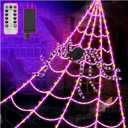 Spider Webs Halloween Decorations Lights - 450 LEDs Outdoor Halloween String Lights with 60" Light Up Spider, 8 Modes Remote Control 16.4Ft Spiderweb, Waterproof (New Orange-Purple Grid Luminous Net)