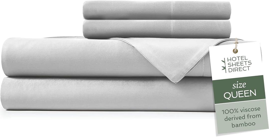 Hotel Sheets Direct 4 Piece Bed Sheet Set Queen Size, 100% Viscose Derived from Bamboo Sheets Set with 2 Pillowcases, Cooling & Breathable Luxury Bedding, Moisture-Wicking & Silky Soft Texture, Gray (Grey)