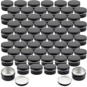 Foraineam 60 Pack 1 oz. Aluminum Round Lip Balm Tin Container Bottle with Screw Lid - Black Empty Tins for Salve, Powder, Spice, or Candies