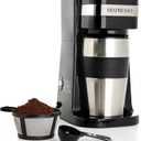 Mixpresso Personal Single Serve Coffee Maker & 14oz Travel Mug, Drip Small Coffee Maker & Tumbler, Auto Shut Off & Reusable Filter, Compatible with Coffee Grounds (Black)