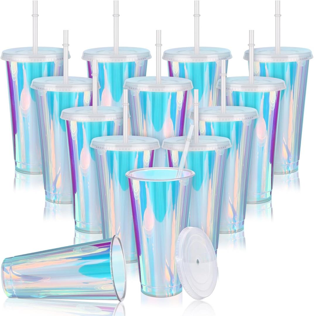 Domensi Iridescent Plastic Cups with Lids and Straws 24 oz Iridescent Reusable Plastic Tumblers Iced Coffee Cups for Shiny Disco Birthday Wedding Bachelorette Party Supplies(12 Pack)