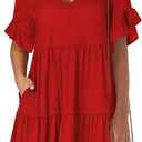 ANRABESS Womens 2024 Trendy Dress Summer Beach V Neck Ruffle Short Sleeve Tiered Babydoll Loose A Line Mini Short Dresses with Pockets Spring Fashion Cute Casual Travel Oufits A747 meihong L Rose