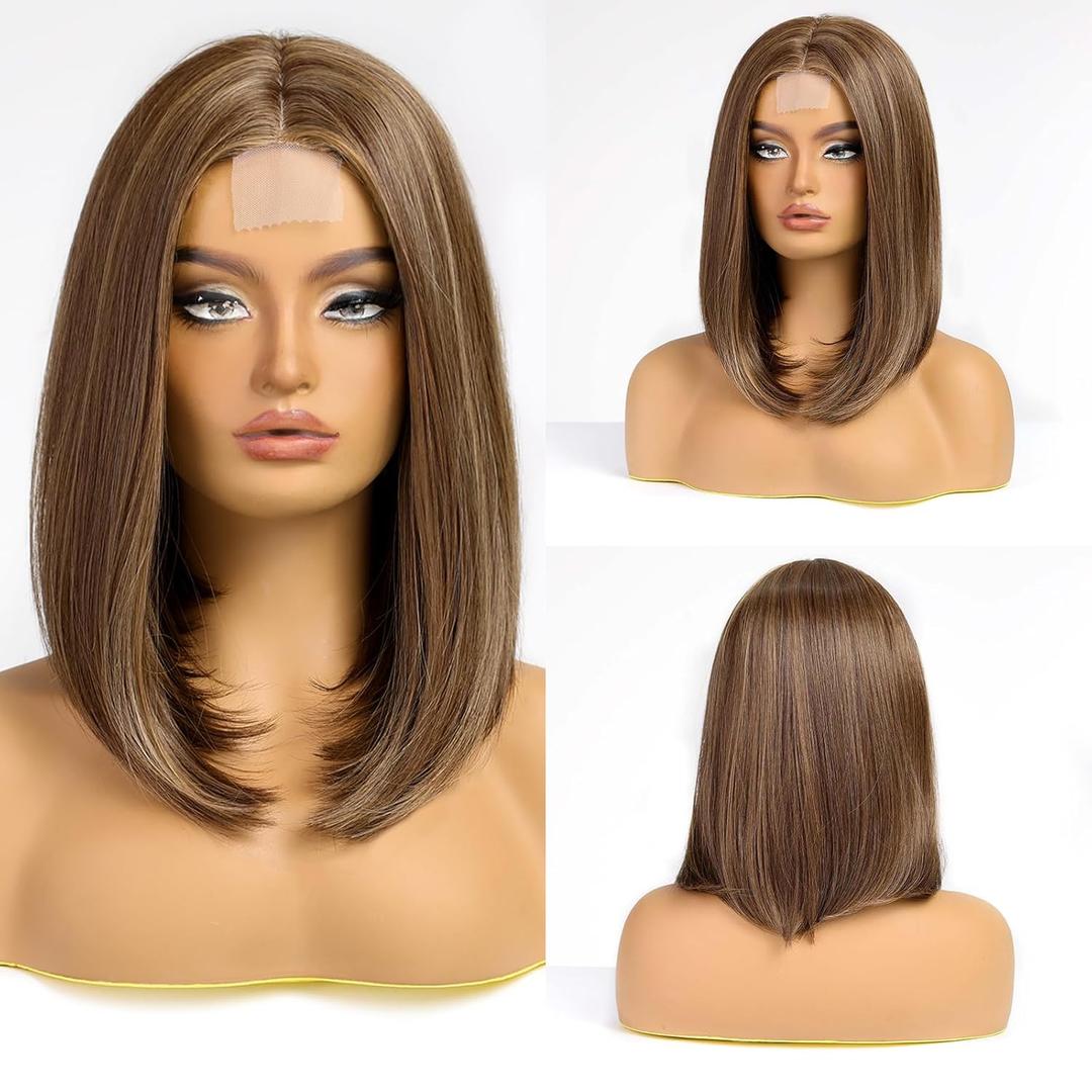 HAIRCUBE Short Wigs for Women,Brown Bob Wig Shoulder Length Synthetic Wig Heat Resistant Hair for Daily Party Use 16 Inches(Brown with Highlight)