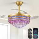 Retractable Fandelier Ceiling Fans with Light and Remote/App, 42" Crystal RGB Chandelier Fan, Bladeless Lighting & Ceiling Fans Bedroom, Kitchen, Ventilador de Techo Con Luz, Gold