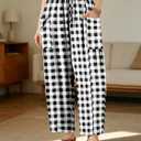 Angerella Womens Cotton Linen Palazzo Pants Drawstring Elastic Waist Harem Pants Casual Wide Leg Gingham Trousers with Pockets XX-Large