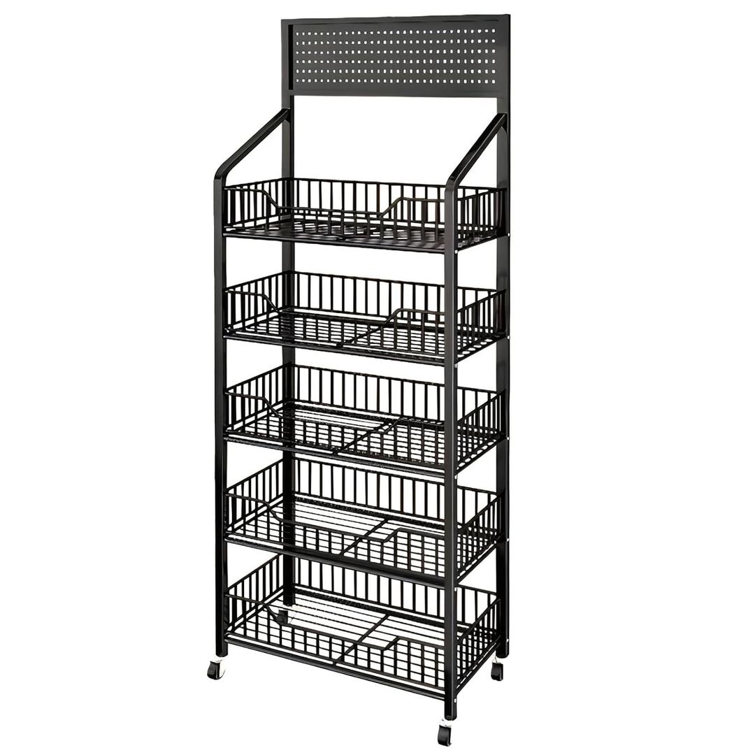 5 Tier Supermaket Snack Rack Display Stand, Free-Standing Black Retail Display Shelves with 12 Hooks & 4 Wheels, Large Metal Snack Shelf for Store Business, 5 Tier-iron Wire