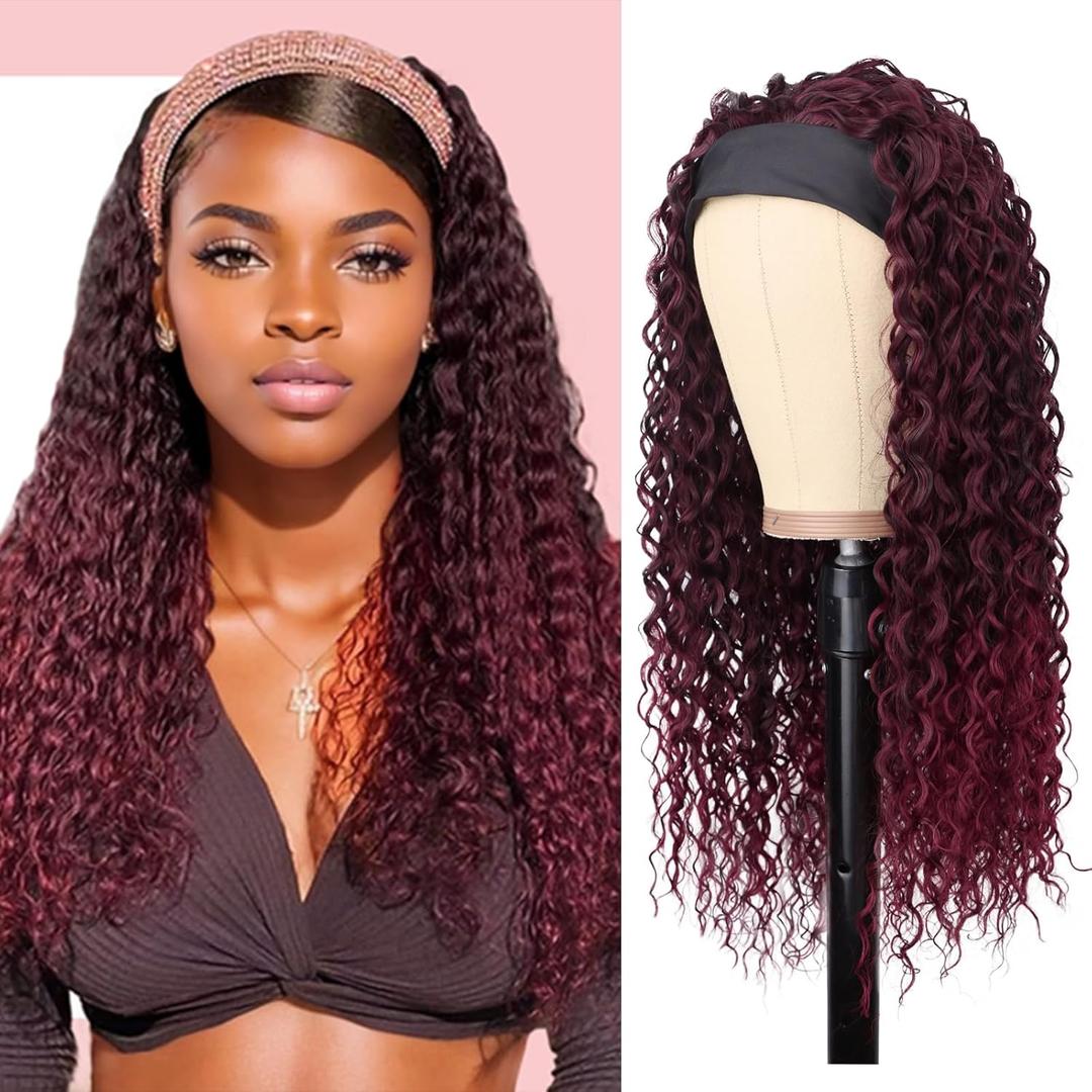 G&T Wig Red Headband Wigs for Black Women Wet and Wavy Headband Wig Ombre Red Curly Synthetic Wigs Dark Roots Glueless Heat Resistant Long Curly Wigs for Daily Wear (24 Inch)