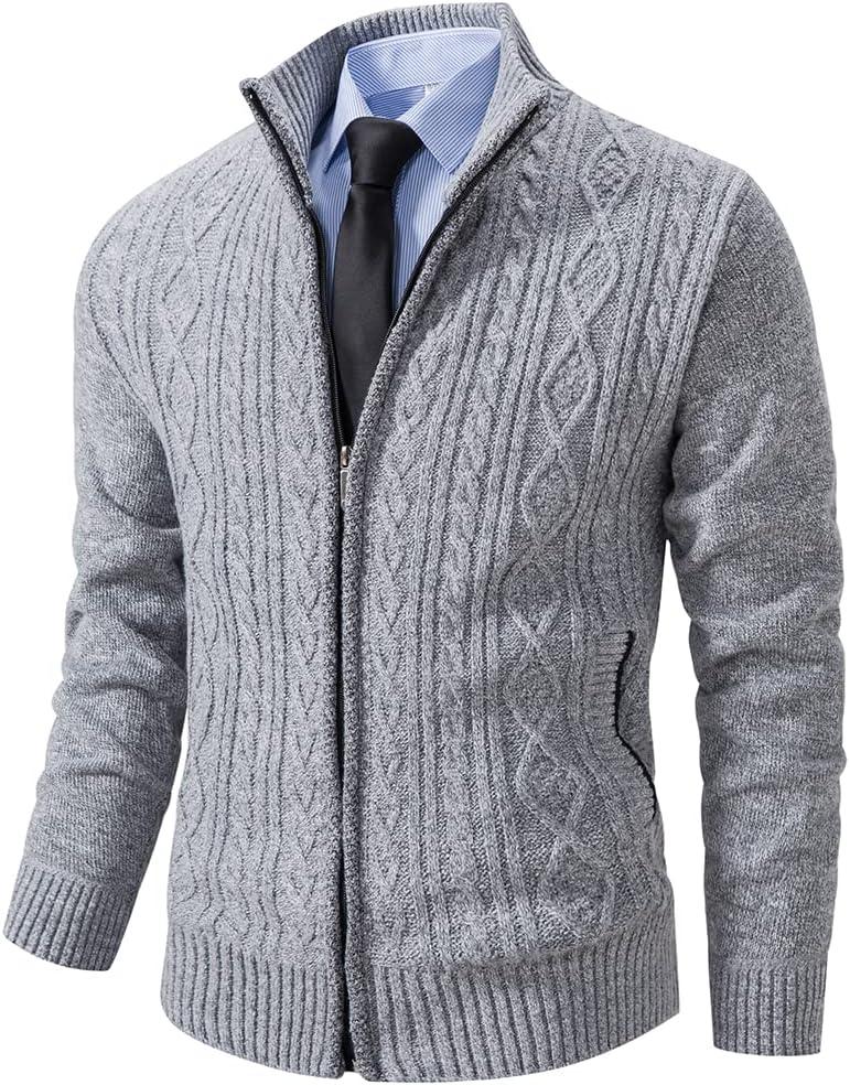 Msmsse Men's Casual Slim Full Zip Thick Knitted Cardigan Sweaters with Pockets Light Grey US S