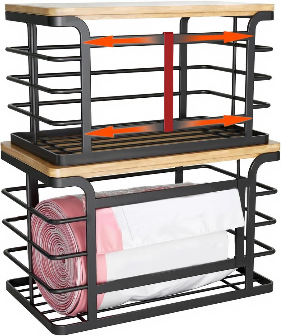 2 Pack Stackable Trash Bag Holder with Bamboo Top, 2025 Pro Wall Mount Laundry Room Organization, Djustable Hooks for Cabinet Door - Organizers in Kitchen/Pantry/Laundry Room, Black