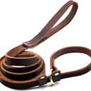 Real Leather Slip Lead Dog Leash, Adjustable Stitched Pet Slip Leads with Slider, Heavy Duty Flat Dog Training Leashes for Medium and Large Dogs, 5ft Long by 0.7" Wide, Brown