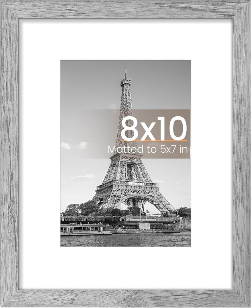 upsimples 8x10 Picture Frame, Display Pictures 5x7 with Mat or 8 x 10 Without, Wall Hanging Photo Frames, Gray, 1 Pack