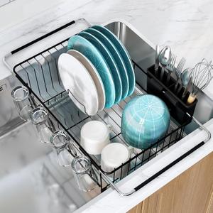 Over The Sink Expandable Dish Drainer Drying Rack in Stainless Steel for Small Kitchen, Counter Space Saving Modern Compact Metal Above Plate Dryer Strainer, Adjustable Hanging Inside Drain Holder (Black)