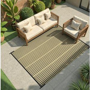 LEEVAN Waterproof Outdoor Rug 6x9 Patio Rug Clearance Black and Tan Plastic Straw Area Rug for Backyard Striped Camping Outside Mat for Picnic, RV, Deck, Bench, Balcony