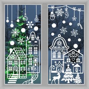 FINGOOO 56PCS Large Christmas Window Clings,15.7x 27.6 White House Xmas Static Cling Window Decorations Winter Window Stickers Double Sided 4 Sheets