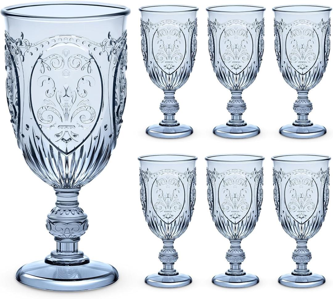 6 Pcs Plastic Goblets 7.5oz Vintage Goblet Plastic Wine Glasses Colored Retro Embossed Water Goblets for Wine Bar Juice Baby Shower Wedding Reception Grand Event Party (Blue)
