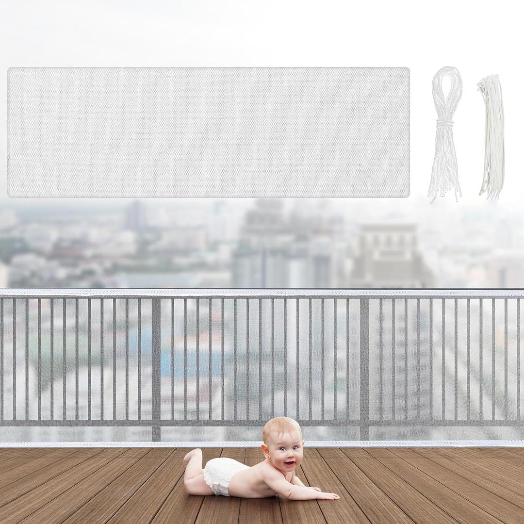 Hosuly Banister Guard 30 x 3 ft Balcony Netting for Kids Pets Stairway Safety Net Baby Fence Door Balcony Netting Safety Mesh Stair Net with No Drilling for Apartment Railing(White)