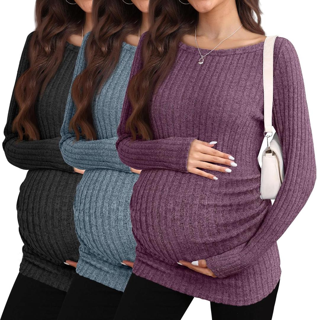 3 Pack Maternity Sweaters Long Sleeve Ribbed Maternity Shirts Lightweight Stretch Pregnancy Tops Winter Layering (Small, Purple, Blue, Black)