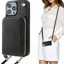 KIHUWEY Crossbody Wallet Case for iPhone 14 Pro Max, Zipper Pocket Case with Card Holder, PU Leather RFID Blocking Protective Cover with Kickstand and Detachable Wrist Strap Lanyard, 6.7" (Black)