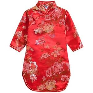 Girls Qipao Peony Long Sleeve Dress Chinese New Year Clothing Chinese Traditional Clothes for Kids Toddler 10-11 Y