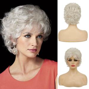 Short Curly White Wigs for Women Fluffy Natural Looking Synthetic Hair Daily Wigs for Old Ladies