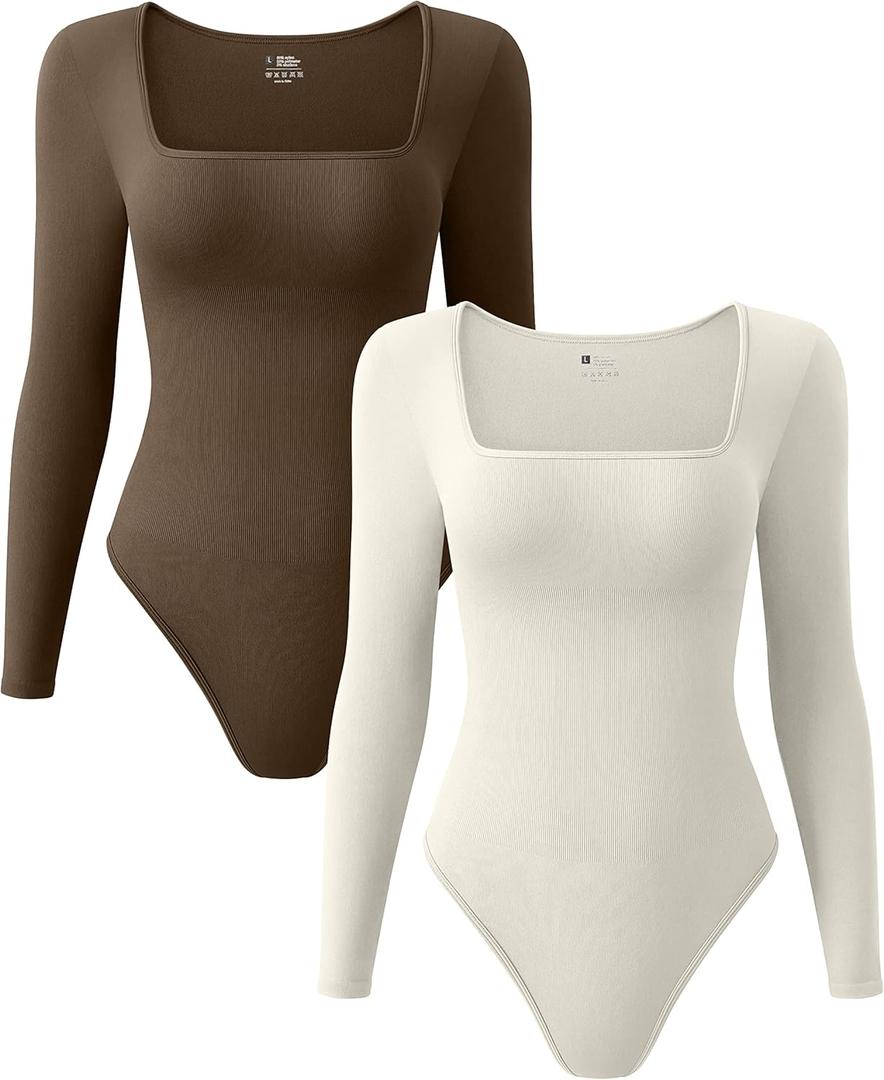 OQQ Women's 2 Piece Bodysuits Sexy Ribbed One Piece Square Neck Long Sleeve Tops (Coffee Beige), XL