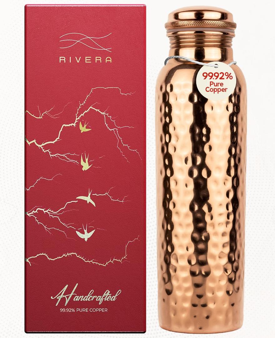 Rivera [NEW] Hammered 32oz  99.92% LAB TESTED Pure Copper water bottle, PTFE & PFOA Free, Leakproof & Joint free, BPA-Free, Eco-Friendly, Non-Toxic, Handcrafted, Detox & Wellness - Hammered