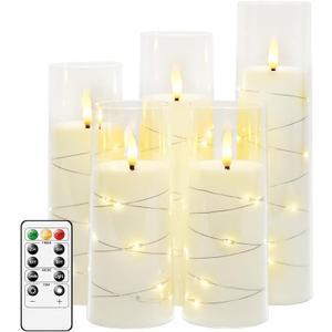 kakoya Flameless LED Candles with Timer 5 Pc Flickering Flameless Candles for Romantic Ambiance and Home Decoration Stable Acrylic Shell, with Embedded Star String Battery Operated Candles, White
