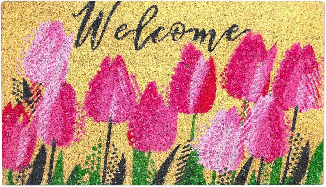Coir Door Mat, Inside & Outside, Welcome, Heavy Duty, Non-Slip PVC Backed 
(Tulips)