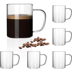 HORLIMER 15 oz Glass Coffee Mugs Set of 6, Clear Coffee Cup with Handle for Tea Cappuccino Latte Milk Juice Hot and Cold Beverages