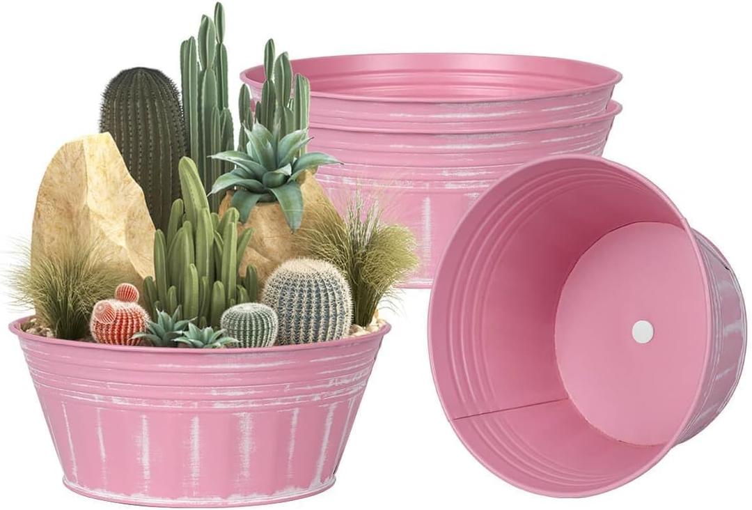 vensovo 10 Inches Pink Metal Rustic Plant Pots - 4 Pcs Large Shallow Galvanized Planters with Drain Hole and Rubber Plug, Rustproof Tin Bucket Succulent Pot Indoor Farmhouse Vintage Style for Decor
