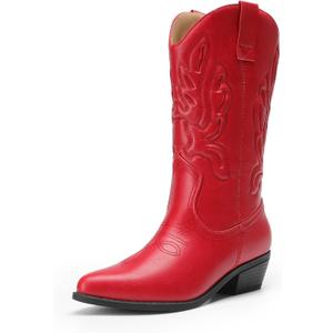 DREAM PAIRS Women's Cowboy Boots Mid Calf Cowgirl Boots Embroidery Stitched Western Boots (7, Red)