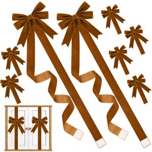 6Pcs Christmas Velvet Cabinet Ribbons Bows Decoration Large Knob Covers Easy to Install Kitchen Door Ribbon and Bow for Fireplace Festive Decor Xmas Tree Wreath Party Supplies (Brown)