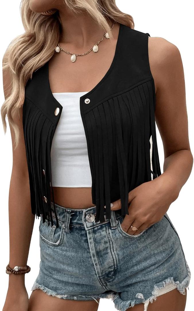 SweatyRocks Women's Suede Fringe Trim Sleeveless Crop Vest Jacket Button Front Coat (Large, Black)