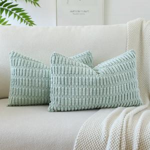 OTOSTAR Pack of 2 Soft Corduroy Decorative Throw Pillow Covers 16 x 24 Inch Boho Striped Pillow Covers Lumbar Cushion Case Couch Pillowcases for Sofa Bed Home Decor (Light Blue Green)