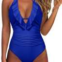 SUUKSESS Women Sexy Halter One Piece Swimsuits Ruffle V Neck Tummy Control Bathing Suits (Royal Blue, XL)