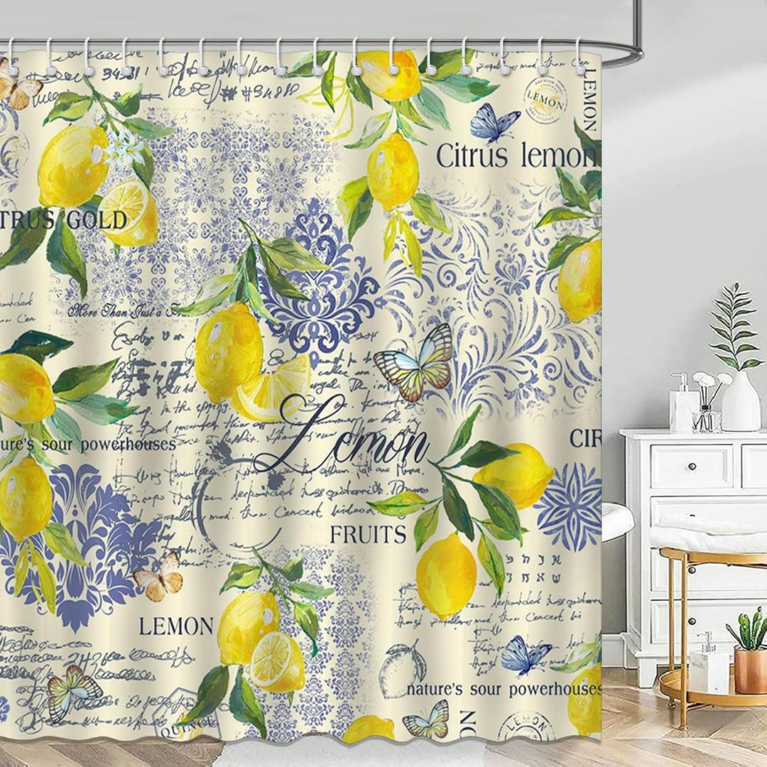 Mocsicka Lemon Shower Curtain Blue Floral Summer Lemon Farmhouse Bathroom Shower Curtain Blue Oriental Print Fruit Waterproof Fabric Bathtub Curtains Decor with 12 Hooks 72 X 72 Inches
