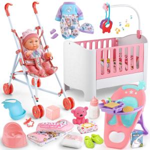 Baby Doll Crib and Stroller Accessories Play Set with 11" Baby Doll,Dining Chair,24 PCS Dolls Accessories and 2 Sets Clothes,Realistic Pretend Play for Girls Kids 3-5 4-6 5-7 Year Gifts