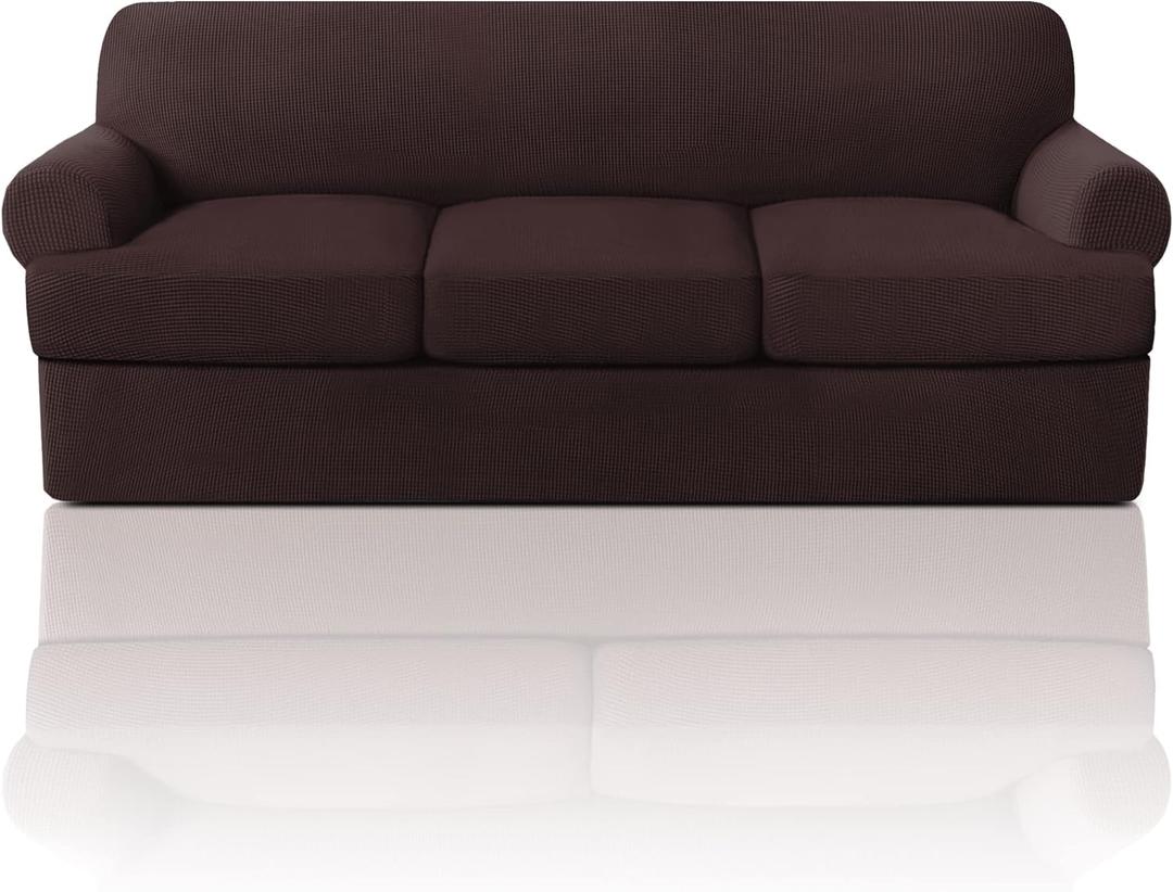 PrinceDeco T Cushion Sofa Slipcover 4 Pieces Sofa Covers for T Cushion Couch Soft Sofa Slip Covers Furniture Protector with 3 Individual T Shape Seat Covers (70"-88") Washable, Brown