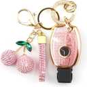 Sparkly Key Fob Cover with Cherry Keychain, Bling TPU Smart Key Case for Women, Compatible with Mercedes C/C AMGE/E AMG R S G CL GLK ML Series (3-Button, Gold Pink)