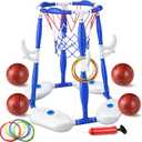 Pool Basketball Hoop, 2-in-1 Floating Basketball Hoop & Ring Games with 4 Balls 12 Rings and Pump, Outdoor Family Party Water Swimming Pool Basketball Float Toys for Kids Ages 4-8 8-12