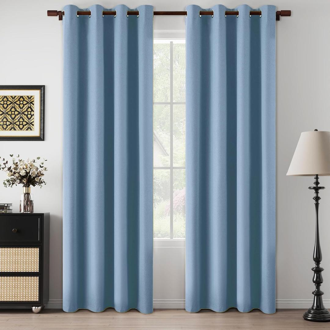 100% Blackout Linen Blue Curtains 84 Inches Long for Bedroom, Energy Saving Thermal Insulated Lightweight Privacy Protection Stone Blue Curtain Draperies, Dusty Blue, W52 x L84, 2 Panels