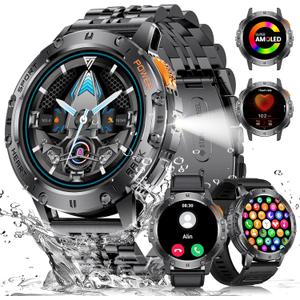 Military Smart Watches for Men with LED Flashlight,3 Straps,1,43'' AMOLED Smartwatch for Men with 530mAh Battery,5ATM Waterproof Fitness Tracker Smart Watch with Answer/Make Call iOS Android